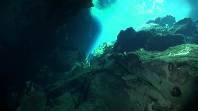Yucatan Mexico cenotes underwater. Scuba diving in clean and clear underground water.