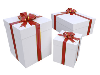 realistic gift boxes in white with red and gold bow