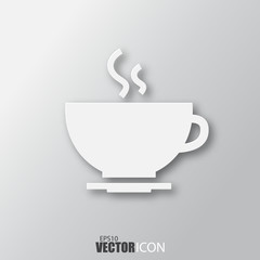 Hot coffee icon in white style with shadow isolated on grey background.