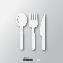 Cutlery icon in white style with shadow isolated on grey background.