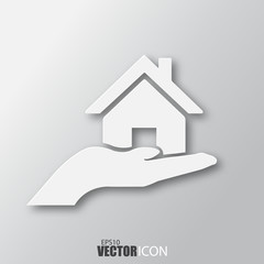 Home on hand icon in white style with shadow isolated on grey background.