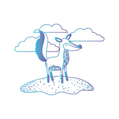 fox cartoon in outdoor scene with clouds in degraded blue to purple color silhouette vector illustration