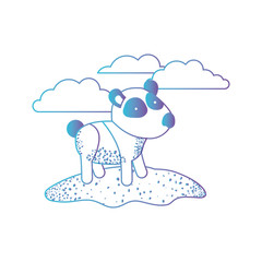 panda cartoon in outdoor scene with clouds in degraded blue to purple color silhouette vector illustration