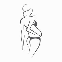 Drawing linear beautiful pregnant girl in dark clothes. Birth of a child. Vector graphic illustration, draw black and white silhouette for design.