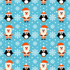 New Year seamless with many Santa Claus and penguins.Vector illustration