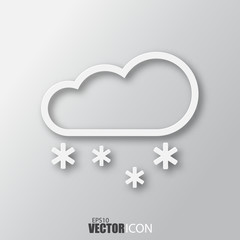 Cloud snow icon in white style with shadow isolated on grey background.