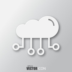 Cloud computing icon in white style with shadow isolated on grey background.