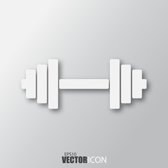 Dumbbell icon in white style with shadow isolated on grey background.