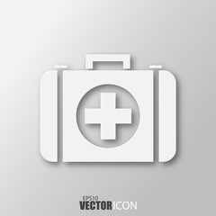 Medicine chest icon in white style with shadow isolated on grey background.