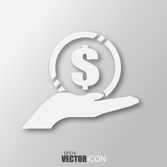 Money in hand icon in white style with shadow isolated on grey background.