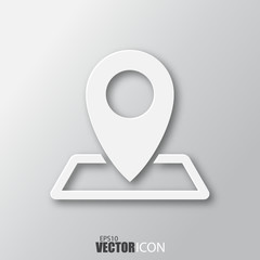 Fototapeta na wymiar Map pointer icon in white style with shadow isolated on grey background.