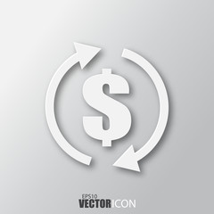 Money transfer icon in white style with shadow isolated on grey background.