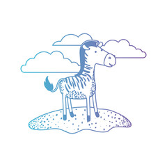 zebra cartoon in outdoor scene with clouds in degraded blue to purple color silhouette vector illustration