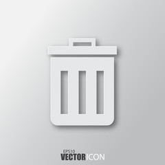 Trash icon in white style with shadow isolated on grey background.