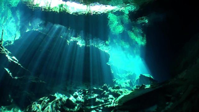 Yucatan Mexico cenotes underwater. Scuba diving in clean and clear underground water.