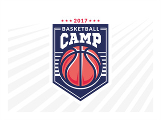Fototapeta premium Basketball camp logo, emblem, designs with basketball ball and shield on a light background