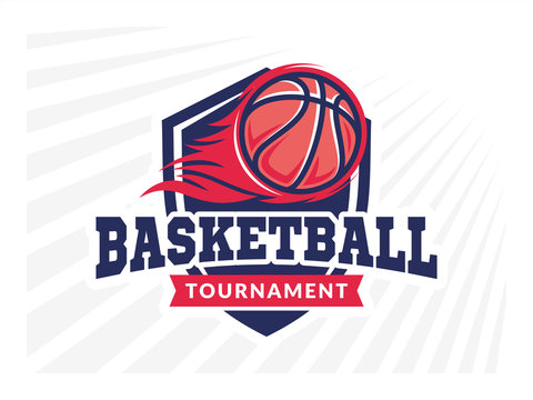 Basketball tournament logo, emblem, designs with basketball ball, flame and shield on a light background