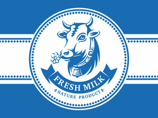 Head of a horned cow with a bell - fresh milk, natural product - emblem, illustration, logo design