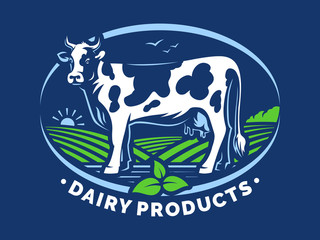 Dairy cow with horns, standing on the ground in the background of fields - label dairy products - emblem, logo design, illustration