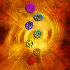 seven healing chakra chakras over yellow red background 