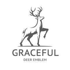 Graceful Deer emblem, illustration, logotype - deer gracefully lifted his leg and proudly looks up, on a with background.