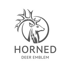 Horned Deer emblem, illustration, logotype - head of a deer with horns in a circle, on a with background.