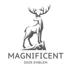 Magnificent Deer emblem, illustration, logotype - the deer stands on the edge of the cliff, on a with background.