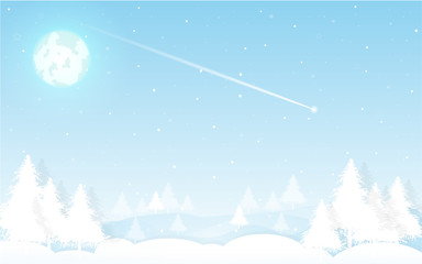 Christmas and New Year background. Decorated  with winter landscape,snowflakes, light, stars, fir tree , moon. greeting card. vector Illustration.
