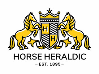 Horse emblem heraldry line style with shield and crown - vector illustration, logo design on white background
