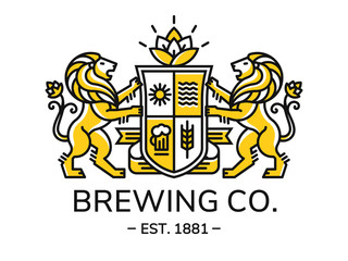 Brewing emblem heraldry line style with lion, shield and crown - vector illustration, logo design on white background