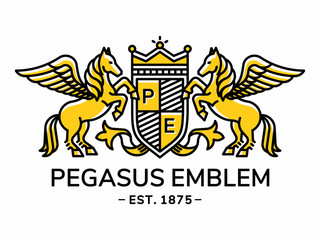 Pegasus emblem heraldry line style with shield and crown - vector illustration, logo design on white background