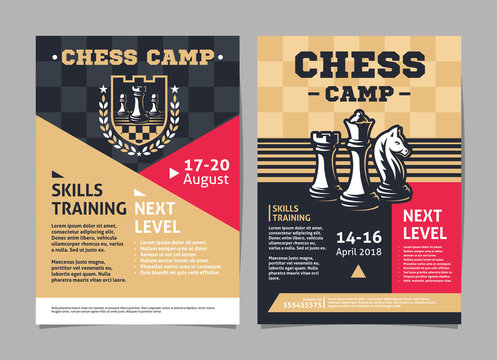 Chess camp posters, flyer with chess figures - template vector design