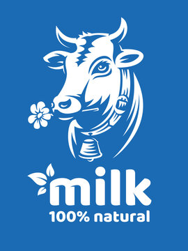 Cow Natural Milk Illustration - Head Of A Horned Cow With A Bell - Emblem, Logo Design