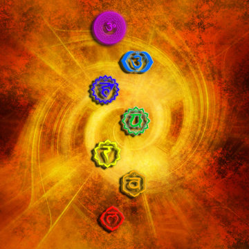 seven healing chakra chakras over yellow red background 
