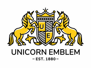Unicorn emblem heraldry line style with shield and crown - vector illustration, logo design on white background