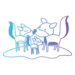 wolves couple and cub over grass in degraded blue to purple color contour vector illustration