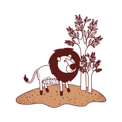 lion cartoon in forest next to the trees in color sections silhouette vector illustration