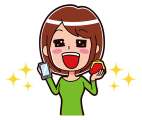 格安でスマホをゲットして喜ぶ女性のイラスト