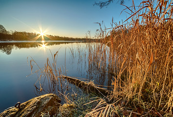 December morning landscape over the lake