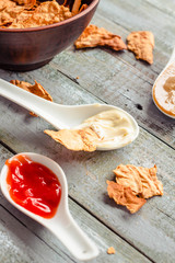 Collection of organic classic sauce(vegan version) - ketchup, soy mayonnaise and mustard.Selective focus. Close-up.