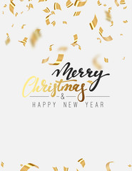 Merry Christmas and Happy New Year greeting card. Background flying golden confetti and serpentine