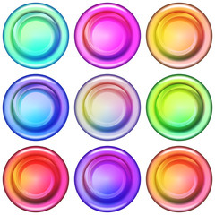 Set of Colorful Round Glass Buttons, Computer Icons for Web Design, Isolated on White Background. Vector