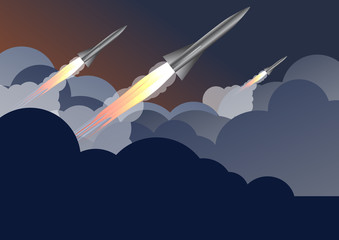 Flying rockets in night sky. Vector illustration. Empty space for text.