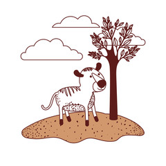 tiger cartoon in outdoor scene with trees and clouds in color sections silhouette vector illustration