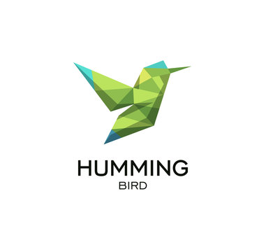 Hummig bird geometrical sign, calibri abstract polygonal vector logo template. Origami green color low poly wild animal icon.