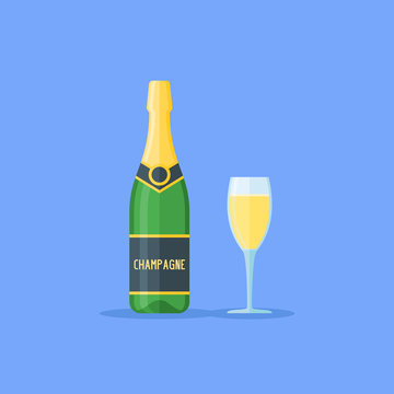 Bottle and glass of champagne isolated on blue background. Flat style vector illustration.