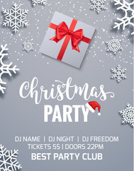 Naklejka na ściany i meble Christmas party poster invitation decoration design gift box. Xmas holiday template background with snowflakes