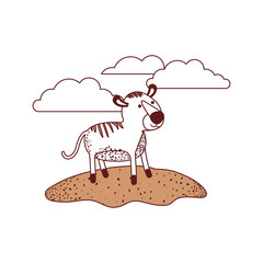 tiger cartoon in outdoor scene with clouds in color sections silhouette vector illustration