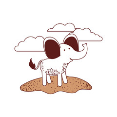 elephant cartoon in outdoor scene with clouds in color sections silhouette vector illustration