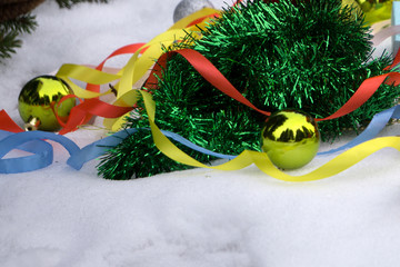 Festive background tinsel toys with copy space
